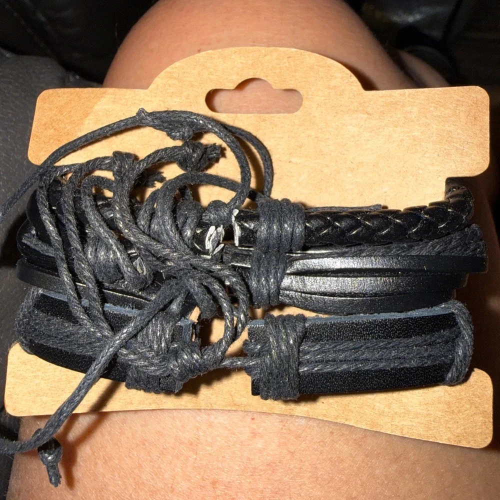 Free Vibes Bracelet Set Mens OS New Black Faux Leather Braided Medallion 4pc